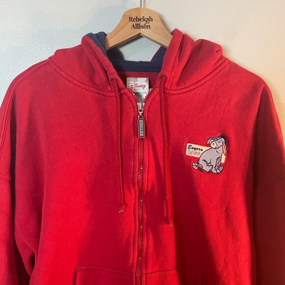 Vintage Disney Eeyore Winnie The Pooh Zip Up Hoodie Sweatsirt Red Size XL - Picture 2 of 12